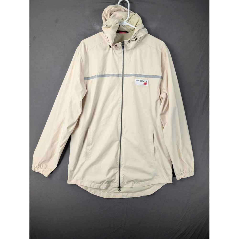New Balance Mens Windbreaker Hooded Jacket Beige Reflective Stripe Medium
